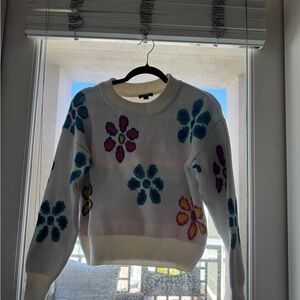 Wild Fable White and Yellow Crew Neck Sweater with Floral Design